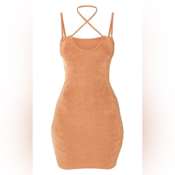 NWT PrettyLittleThing Mini Dress Size 4 Toffee Brown Textured Strappy Cocktail - Picture 2 of 8